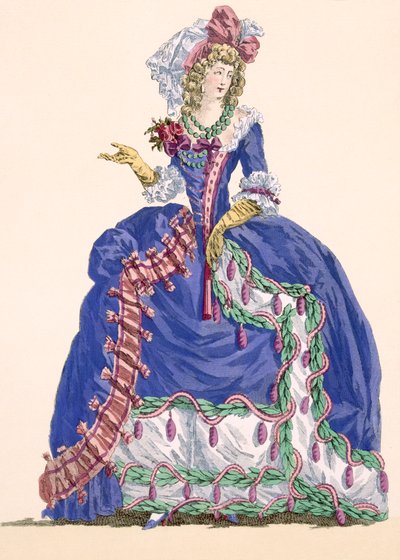 Robe de cour élaborée en bleu électrique avec bordure à glands, gravée par Dupin, planche no.275 de 